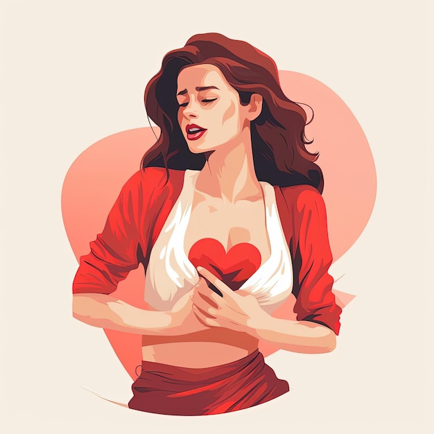 mujer con dolor en el pecho y sensación de enfermedad ilustración vectorial en el estilo de rojo claro