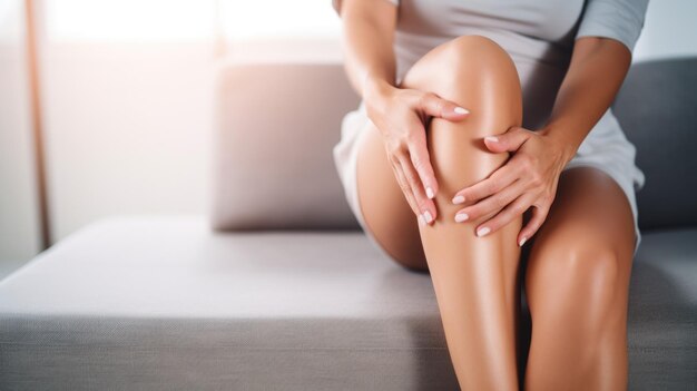 Una mujer con dolor de rodilla está masajeando su rodilla mientras está sentada en un sofá