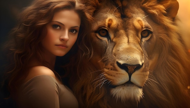 Foto mujer domadora de animales con un león grande