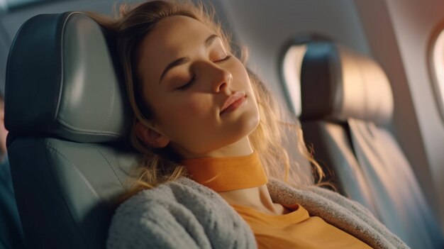 Mujer dormitando en el asiento durante un largo viaje transatlántico Aviación comercial de IA generativa