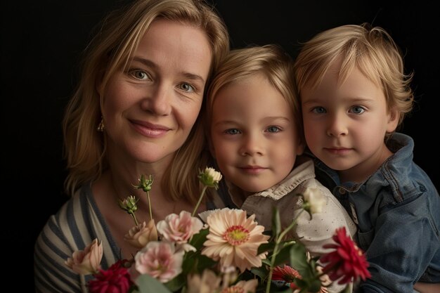 una mujer con dos hijos posando con flores