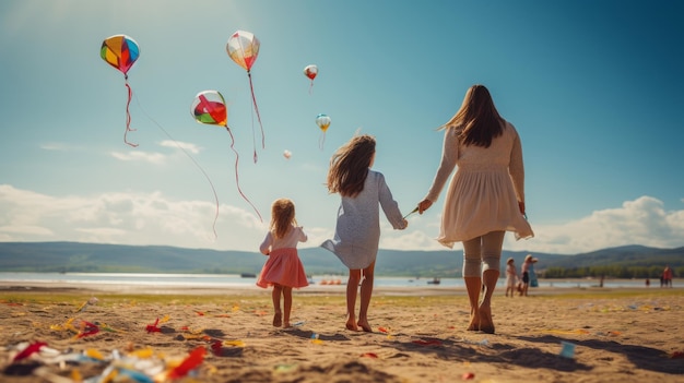 Una mujer y dos niñas pequeñas se toman de la mano en una playa de arena bajo un cielo pastel