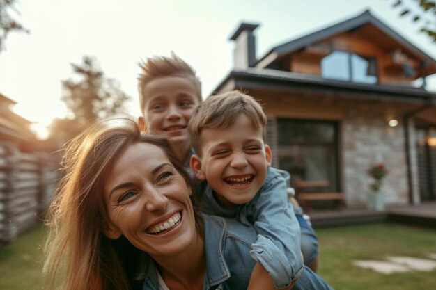 una mujer y dos niños están sonriendo frente a una casa