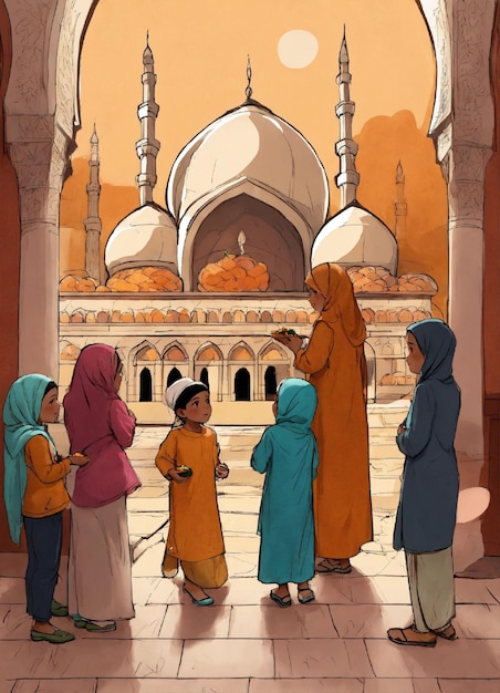 una mujer y dos niños están vendiendo frutas en una mezquita