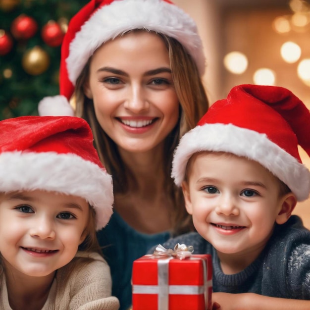 Una mujer y dos niños con gorros de Papá Noel.