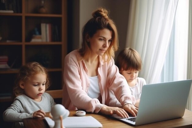 una mujer y dos niños pequeños sentados en una mesa con una computadora portátil