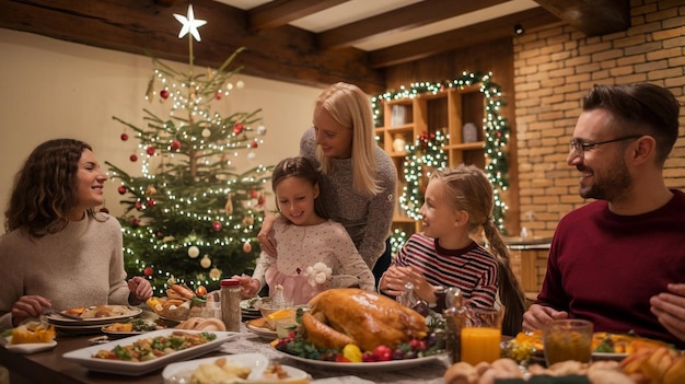 una mujer y dos niños sentados en una mesa con un pavo y un árbol de Navidad en el fondo