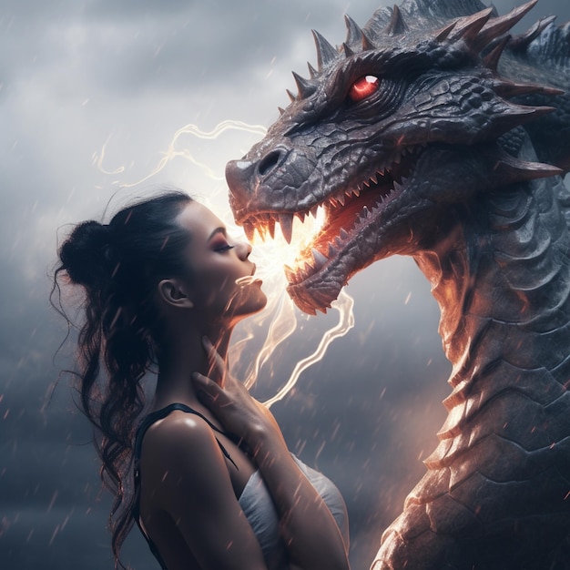 Foto una mujer con un dragón en la boca se encuentra bajo la lluvia con una mujer de fondo oscuro.