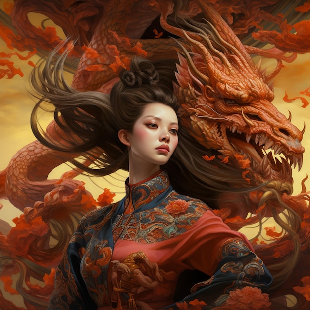Una mujer con un dragón en la cabeza está rodeada de dragones.