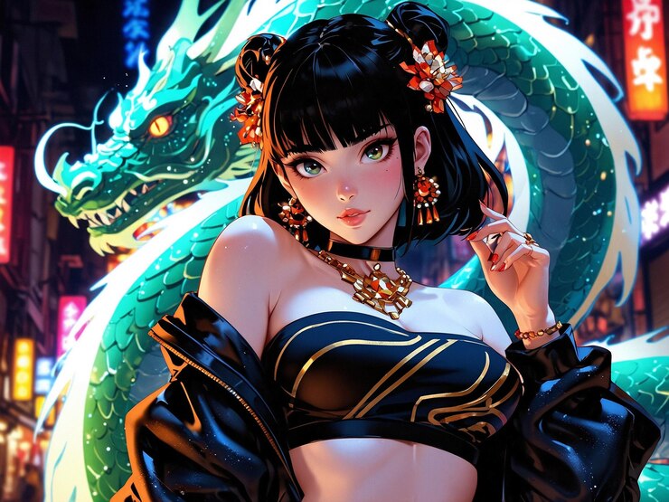 una mujer con un dragón en el pecho en un mundo de fantasía cyberpunk moderno