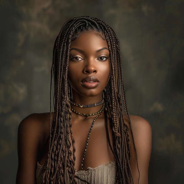 una mujer con dreadlocks y un collar en el cuello