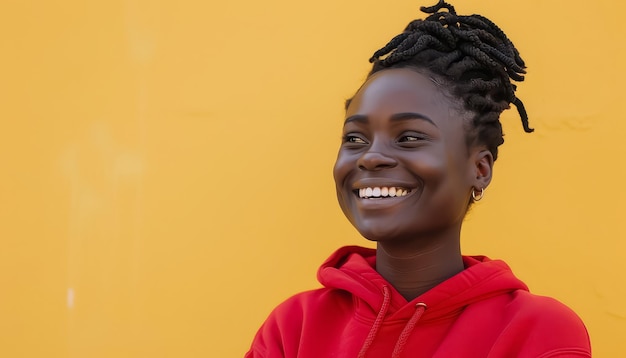 Una mujer con dreadlocks está sonriendo y usando una camisa roja