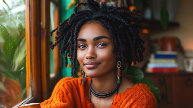 Mujer con dreadlocks sentada junto a la ventana