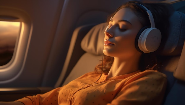 Una mujer duerme en un avión con los auriculares puestos