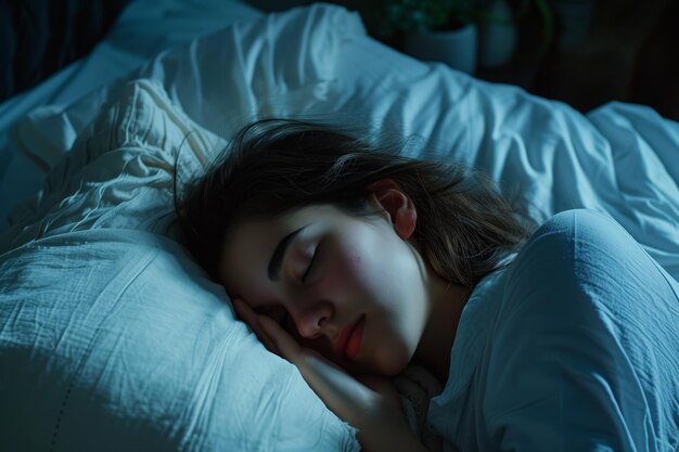 La mujer duerme en la cama por la noche