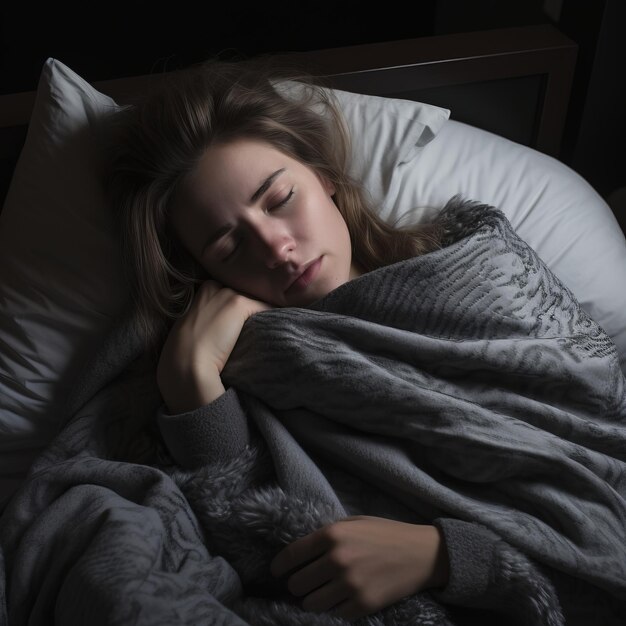 una mujer duerme en la cama con los ojos cerrados