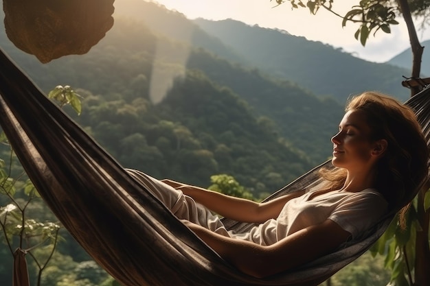 Foto mujer duerme en una hamaca en una casa de árbol de bambú en el bosque tropical, fondo natural del valle, selva tropical, concepto de descanso y vacaciones