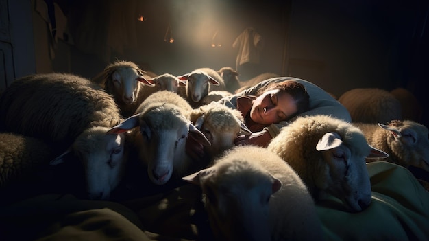 Una mujer duerme con ovejas en una habitación oscura.