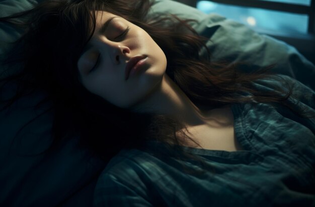 Una mujer duerme pacíficamente con los ojos cerrados en la cama mundo del sueño día de bienestar rutinas prácticas de atención plena sueño atmósfera de ejercicio
