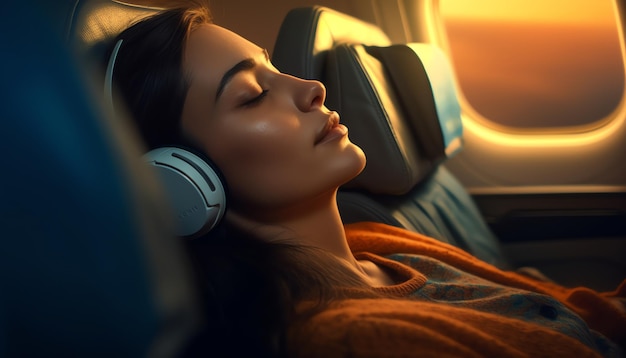 Una mujer durmiendo en un avión con auriculares en la cabeza.
