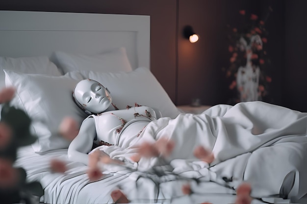 Una mujer durmiendo en una cama con un cobertor blanco que dice 'te amo'