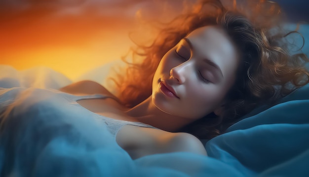 mujer durmiendo en la cama por la noche con los ojos cerrados