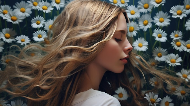 Una mujer durmiendo frente a un patrón de flores.
