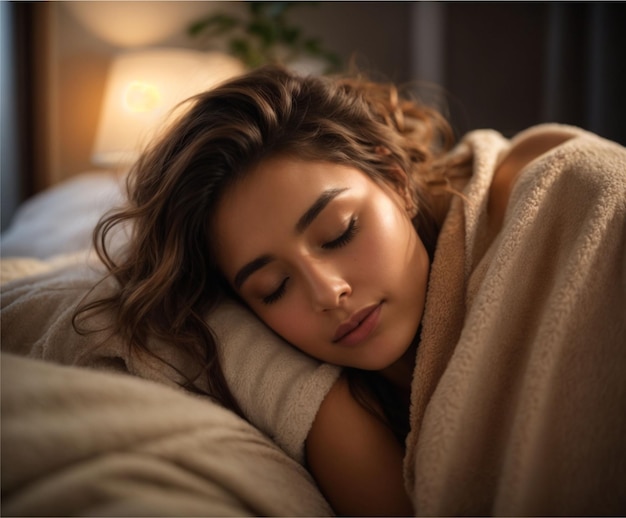 Mujer durmiendo profundamente en una acogedora manta