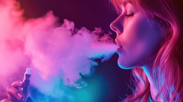 Foto una mujer con un e-cigarro exhala vapor o humo colorido