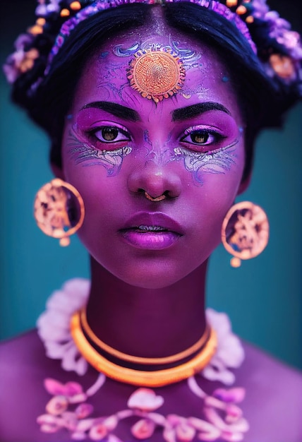 Mujer de ébano de moda de belleza ficticia de fantasía con maquillaje púrpura Chica hermosa creativa