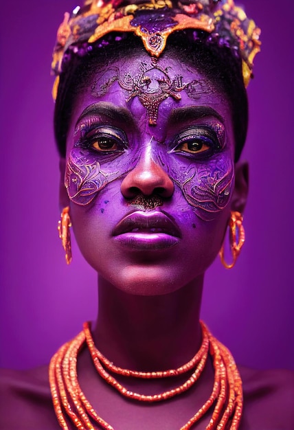 Mujer de ébano de moda de belleza ficticia de fantasía con maquillaje púrpura Chica hermosa creativa