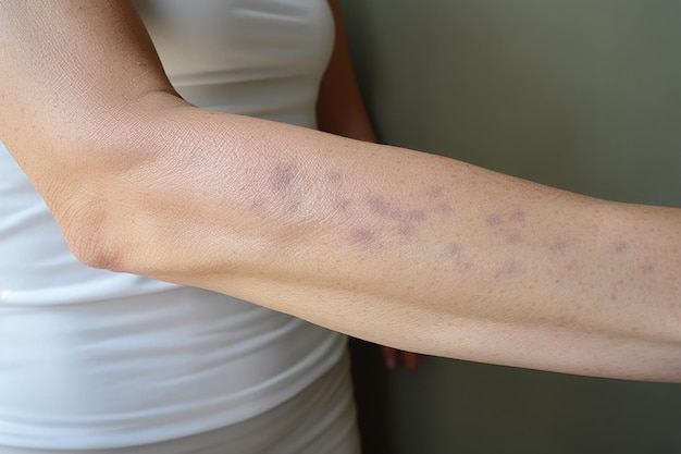 Foto mujer con eczema atópico en primer plano en el problema de la piel del brazo