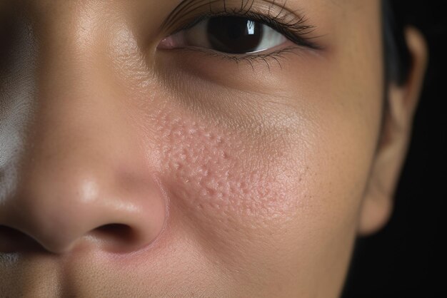 Foto mujer con eczema atópico en primer plano en el problema de la piel de la cara de la mejilla