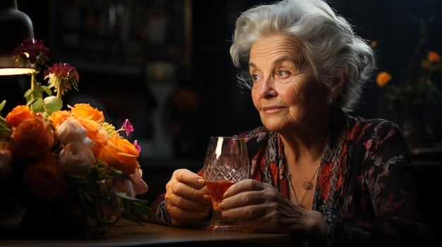 Mujer de edad avanzada bebe alcohol Generativo Ai