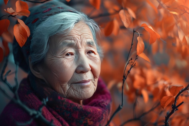 Mujer de edad madura en el fondo de otoño Generar ai