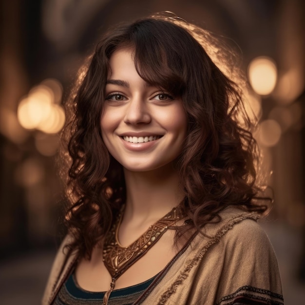 Mujer egipcia con sonrisa de cabello castaño