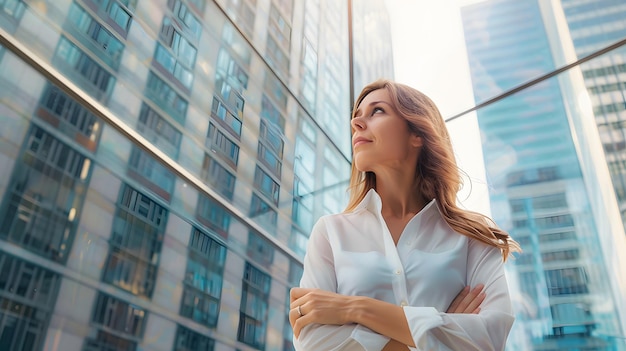 Foto una mujer ejecutiva bien vestida está de pie junto a una ventana de vidrio con las manos plegadas en medio de edificios altísimos