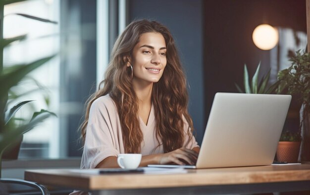 Foto mujer ejecutiva de negocios concentrada mientras trabaja en la computadora portátil