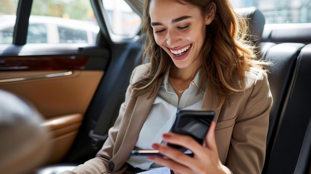 Una mujer ejecutiva sonriente usando un teléfono móvil sentada en el asiento trasero del coche