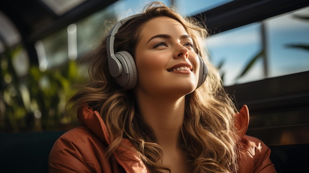 Foto mujer ejerciendo su respiración al aire libre mientras escucha música