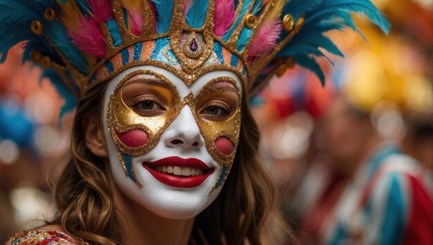 Mujer con una elaborada máscara adornada con plumas y joyas disfrutando del carnaval brasileño