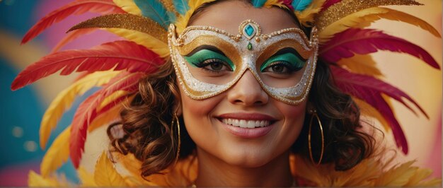 Mujer con una elaborada máscara adornada con plumas y joyas disfrutando del carnaval brasileño