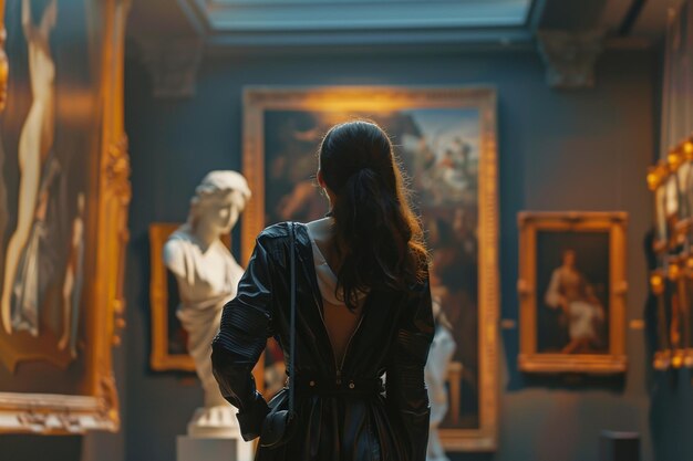 Una mujer elegante admirando el arte en un museo.