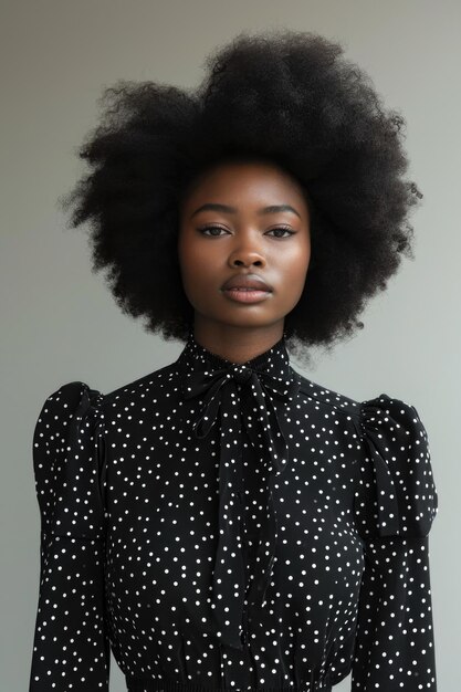 Mujer elegante con blusa negra con puntos blancos en el fondo gradiente