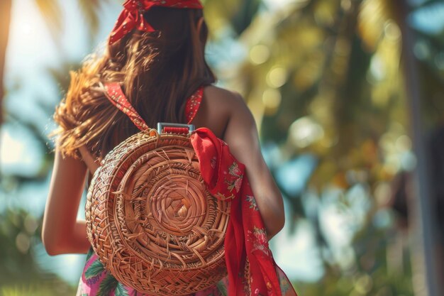 Mujer elegante con bolsa de ratán roja y pañuelo de seda en Bali