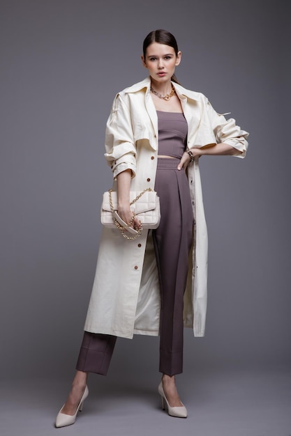 Mujer elegante en el bolso de los accesorios de los pantalones superiores morados de la capa blanca bonita en fondo gris