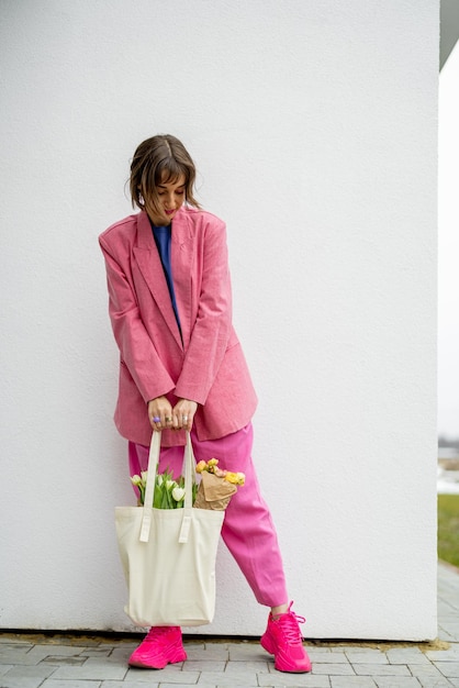 Mujer elegante con bolso de mano en el fondo