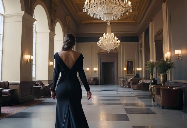 Foto una mujer elegante con el cabello que fluye en un largo vestido negro camina a lo largo de un gran pasillo ancho en el mejor