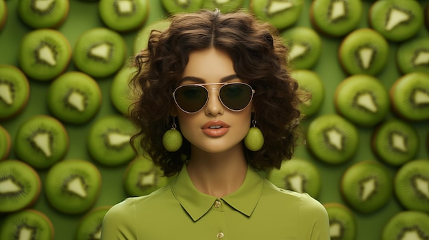 Foto mujer elegante con cabello rizado con pendientes verdes y gafas de sol contra un fondo de kiwi