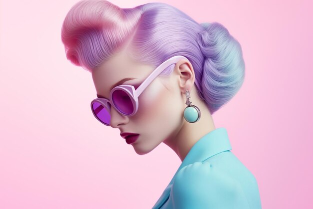 Mujer elegante con cabello rosa pastel y gafas de sol turquesa